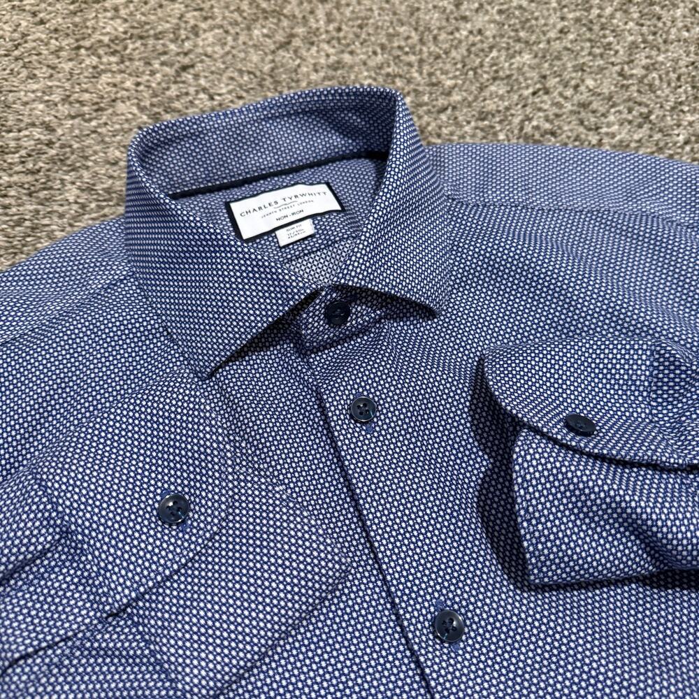 Charles Tyrwhitt Non-Iron Slim Fit Dress Shirt Mens 17/35 Blue Dobby Cotton